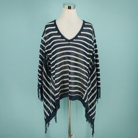525 America Size XS Small S Blue Stripe Nautical Fringe Linen Poncho Sweater - Picture 1 of 6